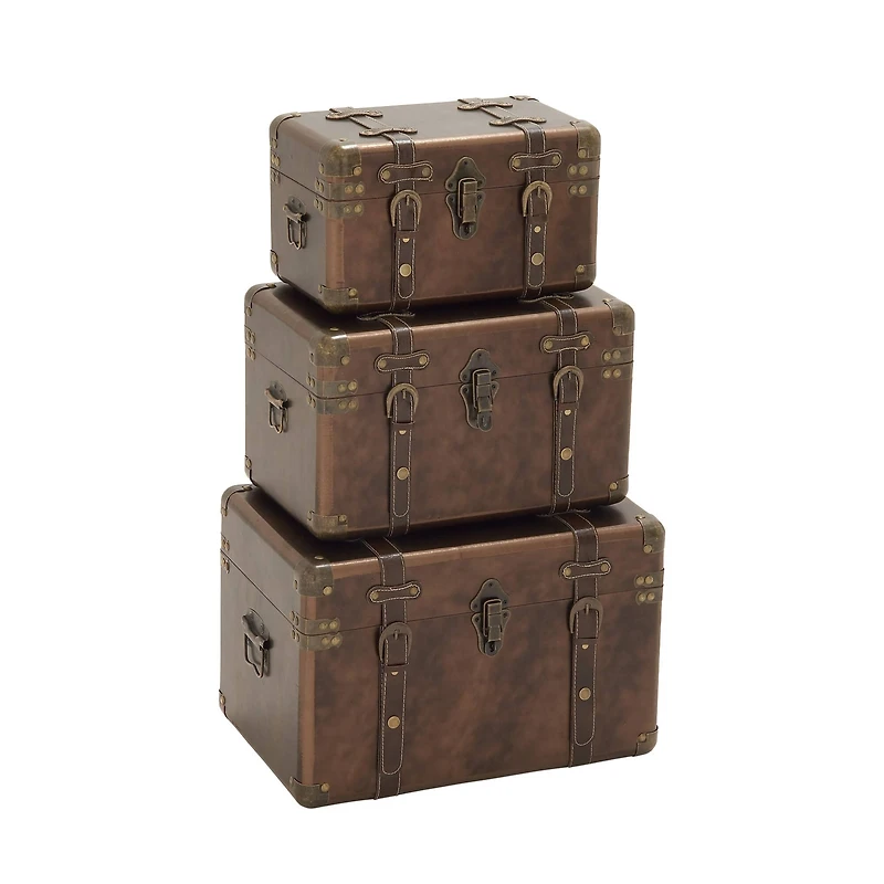 Set of 3" Brown Leather Traditional Trunk, 18", 16", 13"