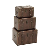 Set of 3" Brown Leather Traditional Trunk, 18", 16", 13"