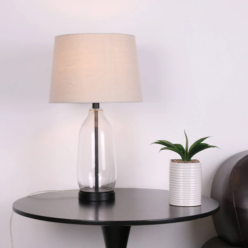 23" Clear & Black Slim Glass & Metal Table Lamp with Natural Fabric Shade by Ashland®