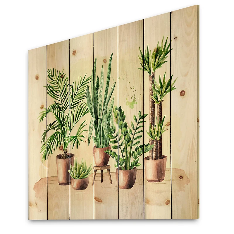 Designart - Indoor Green Home House Plants I - Traditional Print on Natural Pine Wood
