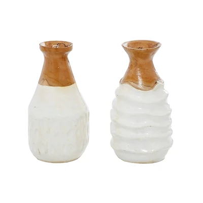 Set of 2 White Teak Wood Coastal Style Vase 6", 10"