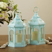 LED Blue Hexagon Distressed Lantern Set