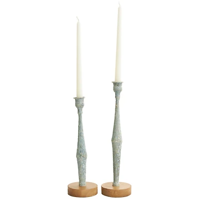 Light Blue Metal Textured Tapered Candle Holder Set