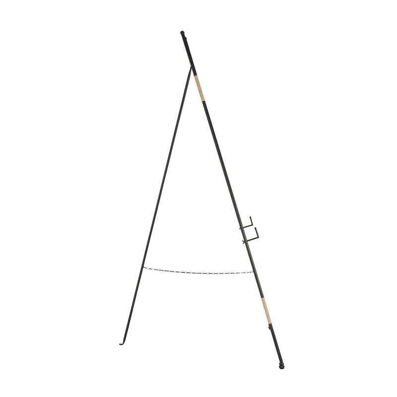 64" Black Metal Slim Foldable 2-Tier Easel with Wrapped Rattan Accents