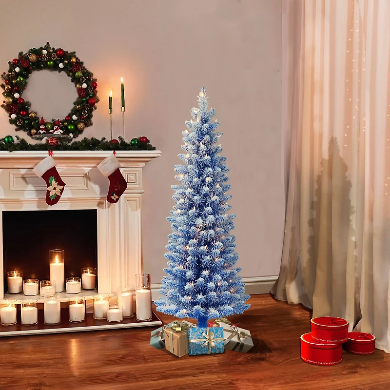 4.5ft. Pre-Lit Flocked Fashion Blue Pencil Artificial Christmas Tree, Clear Lights