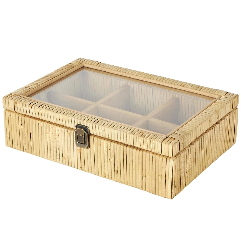 12" x 9" x 4" Brown Hand-Wrapped Rattan 6-Slot Jewelry Box with Tempered Glass Top