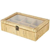 12" x 9" x 4" Brown Hand-Wrapped Rattan 6-Slot Jewelry Box with Tempered Glass Top