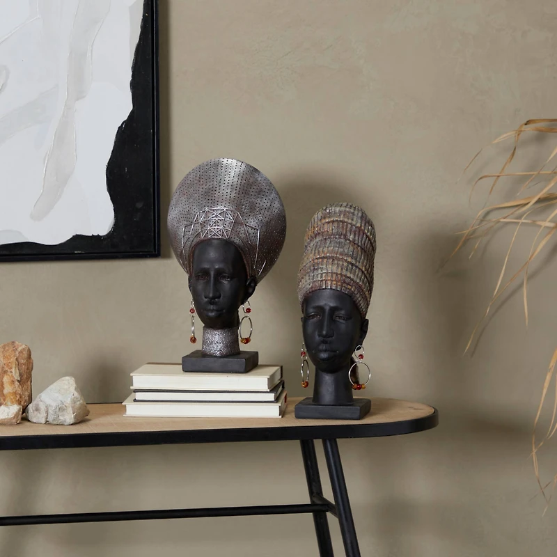 Black Polystone African Inspired Women Sculpture Set