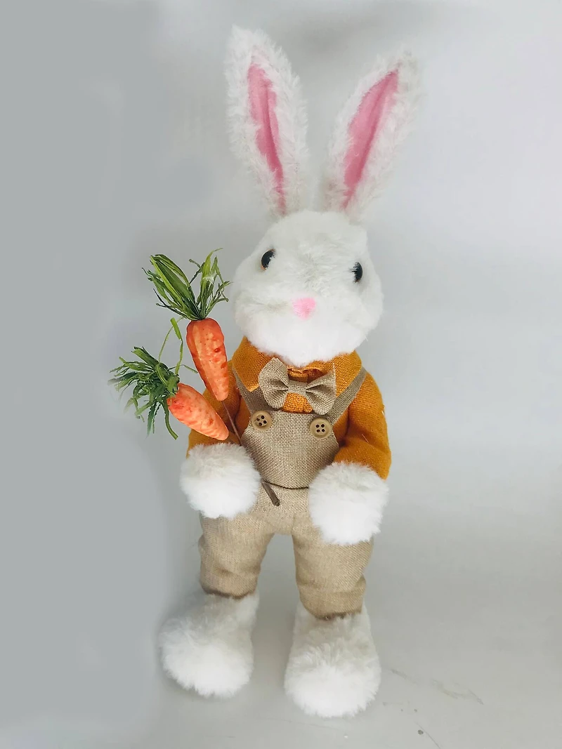 15" White & Tan Plush Standing Boy Rabbit with Overalls Easter Figure