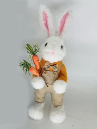 15" White & Tan Plush Standing Boy Rabbit with Overalls Easter Figure