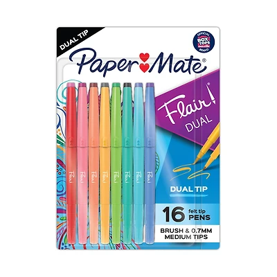 Paper Mate® Flair!® 16 Color Brush & Medium Dual Tip Felt Pens