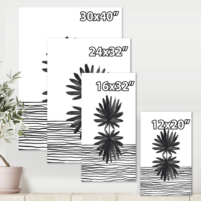 Designart - Black and White Tropical Leaf On Striped II