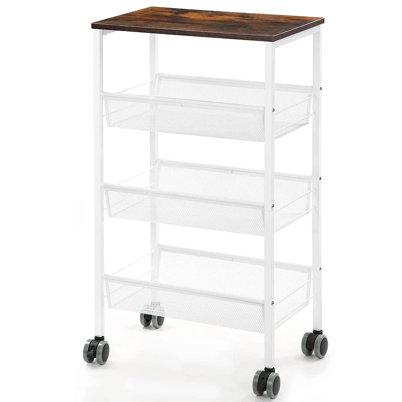 White 3-Tier Kitchen Storage Rack Cart with Lockable Wheels & Wood Top