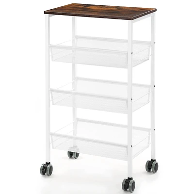 White 3-Tier Kitchen Storage Rack Cart with Lockable Wheels & Wood Top