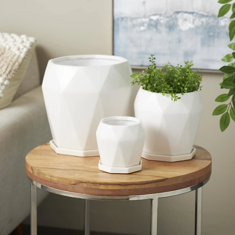 White Faceted Ceramic Planter Set