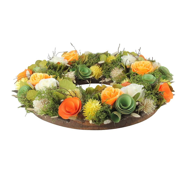 12.5" Orange & White Flowers with Moss & Twig Spring Wreath