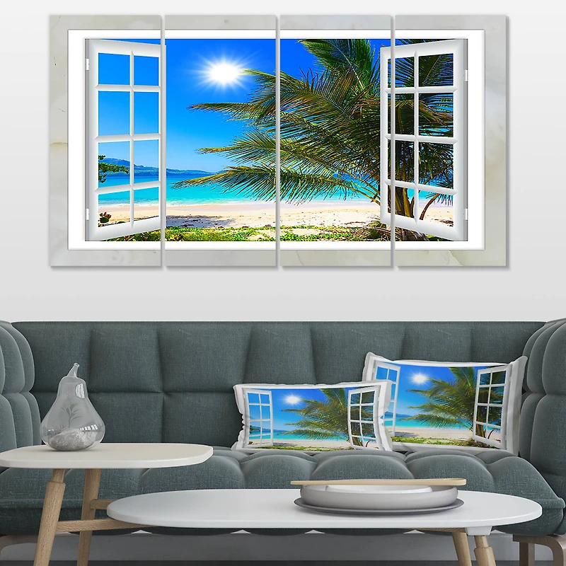 Designart - Window Open to Beach with Palm