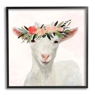 Stupell Industries Springtime Flower Crown Baby Goat Wall Accent with Frame