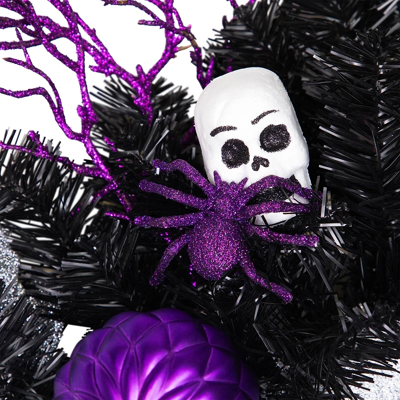 24'' Unlit Purple and Black Spooky Skeleton Pine Halloween Wreath