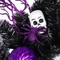 24'' Unlit Purple and Black Spooky Skeleton Pine Halloween Wreath