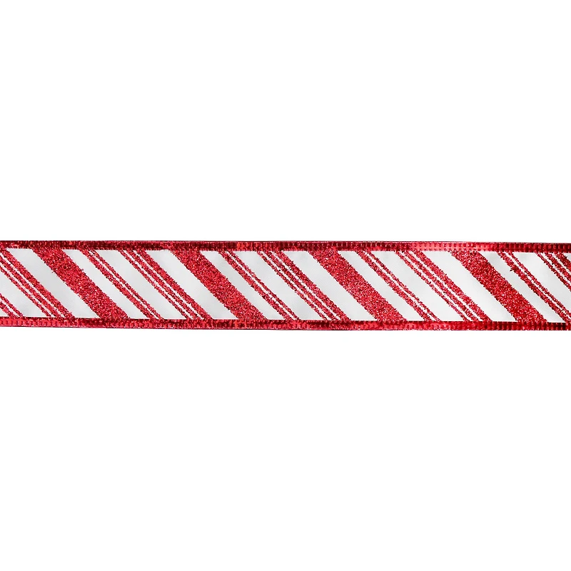 1.5" x 30ft. White & Red Glitter Diagonal Stripes Wired Ribbon by Celebrate It®