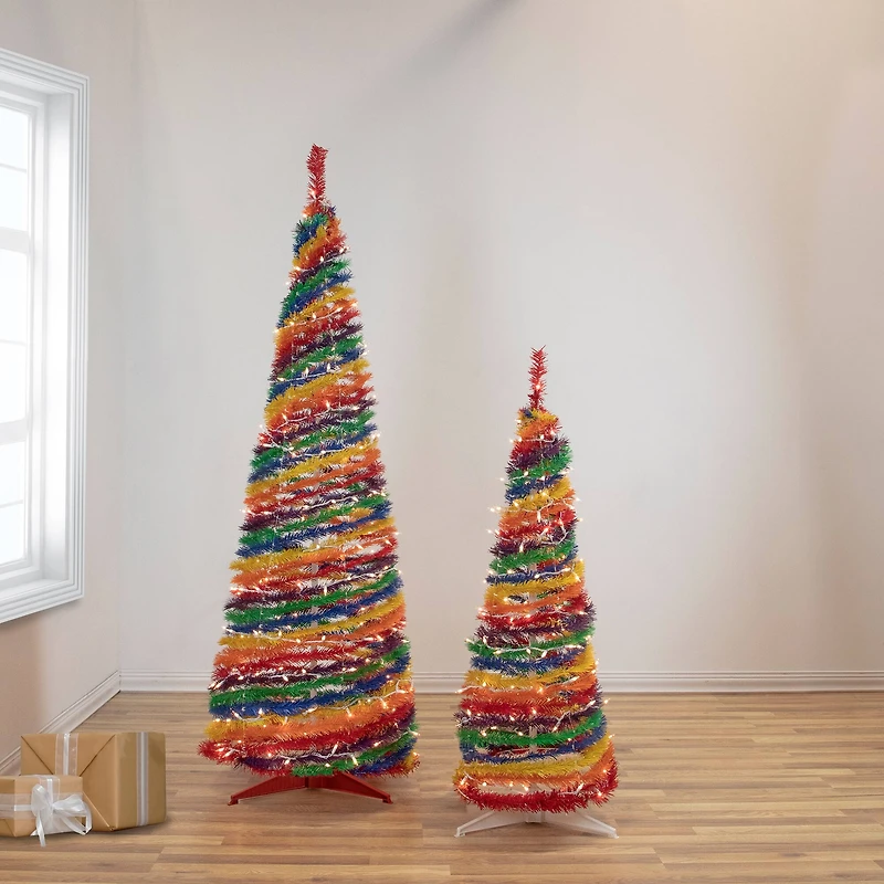 4ft. Pre-Lit Rainbow Tinsel Pop-Up Artificial Christmas Tree, Clear Lights