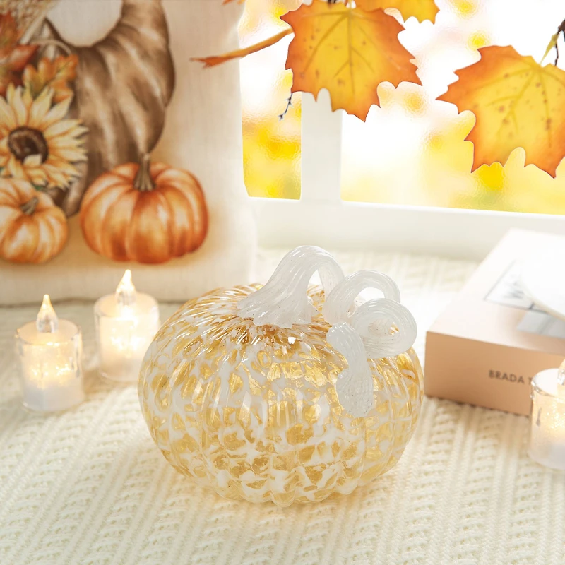 Glitzhome® 6" Fall Amber Dots Round Glass Pumpkin