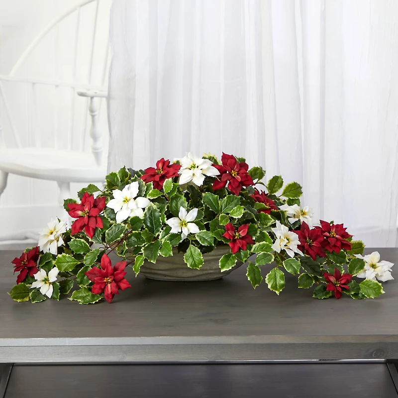 33” Poinsettia & Variegated Holly Artificial Plant in Planter
