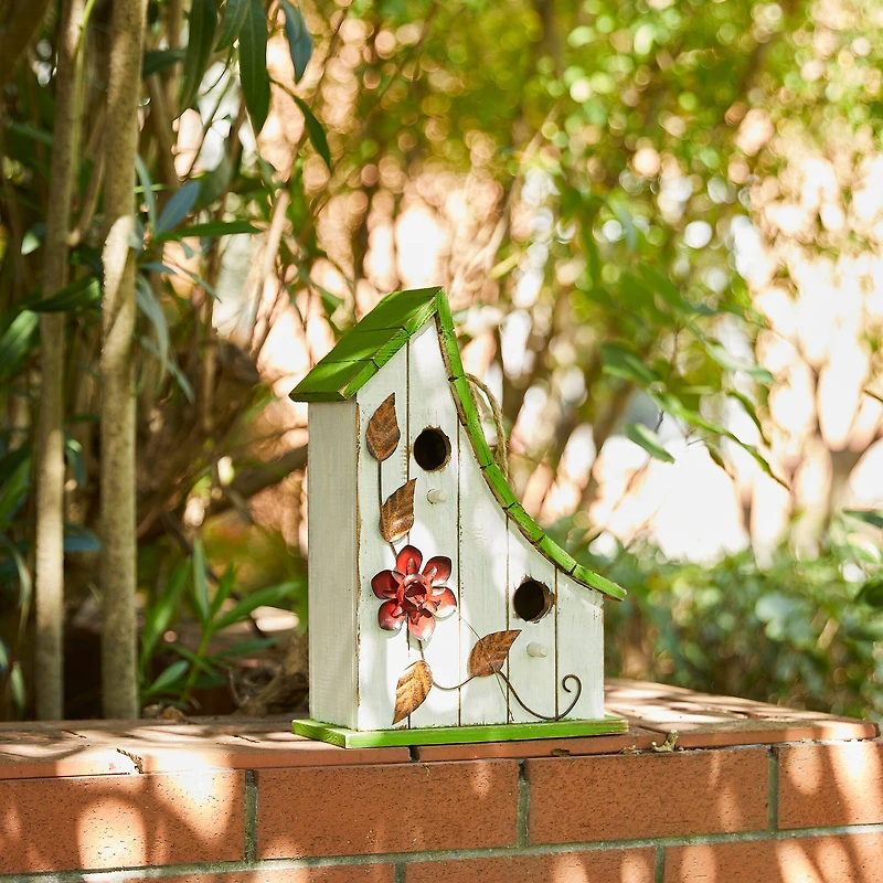 Glitzhome® 13" White Distressed Wood Birdhouse with Green Roof