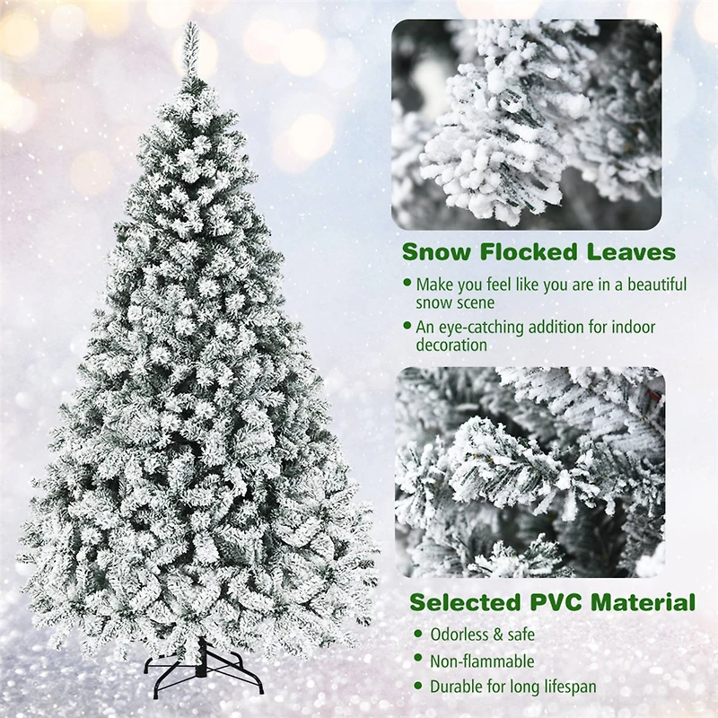 Costway 7.5ft. Pre-Lit Snow-Flocked Artificial Christmas Tree, Warm White LED Lights
