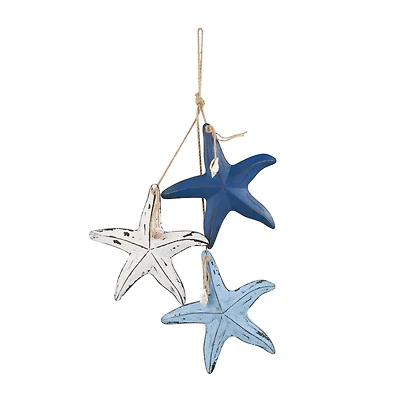 Blue Wooden Starfish Distressed Layered Home Wall Decor with Hanging Rope and Decorative Shell Accents