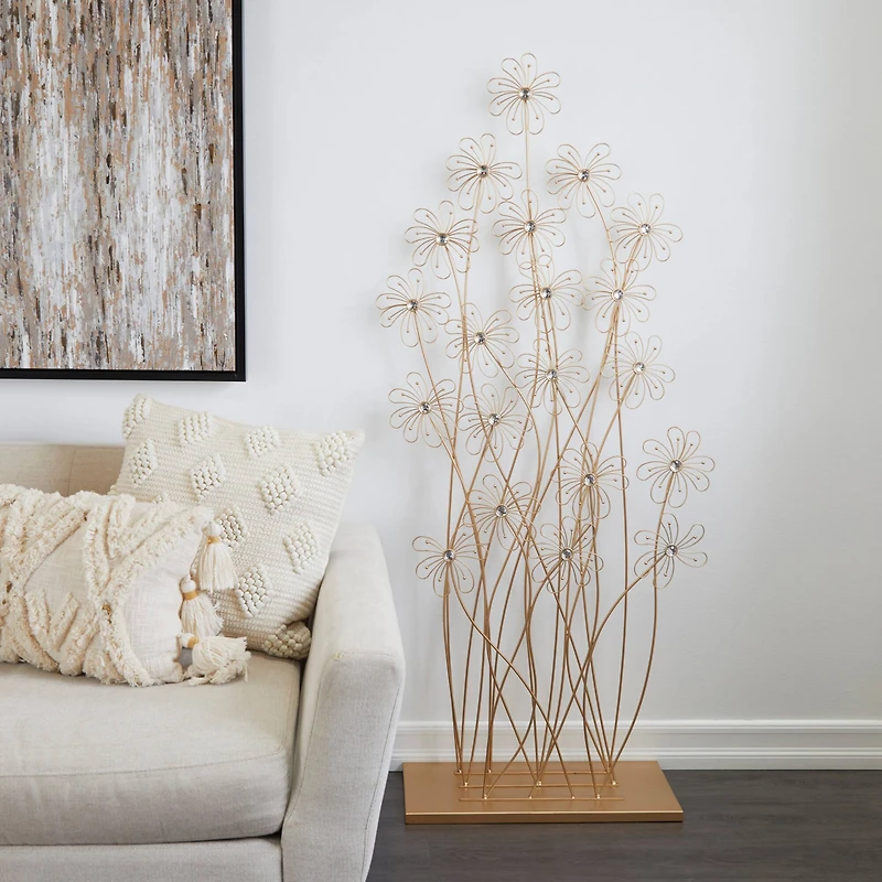 5ft. Gold Metal Tall Floral Sculpture with Crystal Embellishments