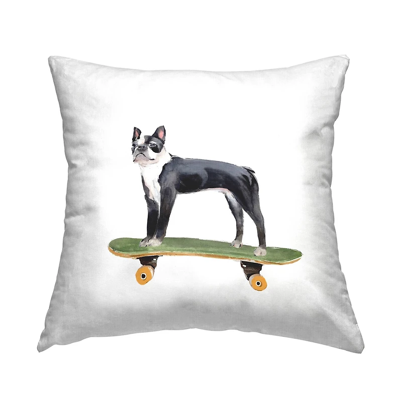 Stupell Industries Curious Boston Terroir Pet Dog on Green Skateboard Throw Pillow 18" x 18"