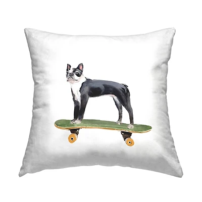Stupell Industries Curious Boston Terroir Pet Dog on Green Skateboard Throw Pillow 18" x 18"
