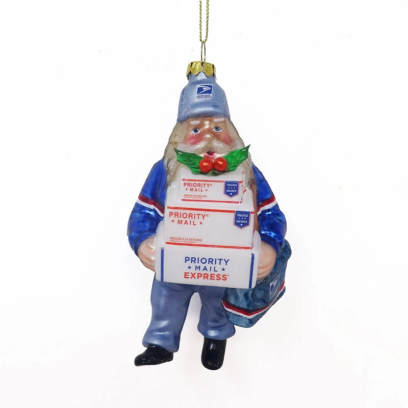 Busy Santa USPS "Priority Mail" Carrier Glass Christmas Ornament - 6" - Blue