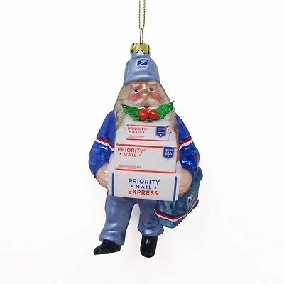 Busy Santa USPS "Priority Mail" Carrier Glass Christmas Ornament - 6" - Blue