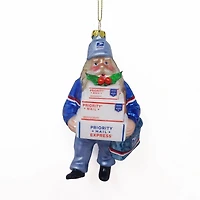 Busy Santa USPS "Priority Mail" Carrier Glass Christmas Ornament - 6" - Blue