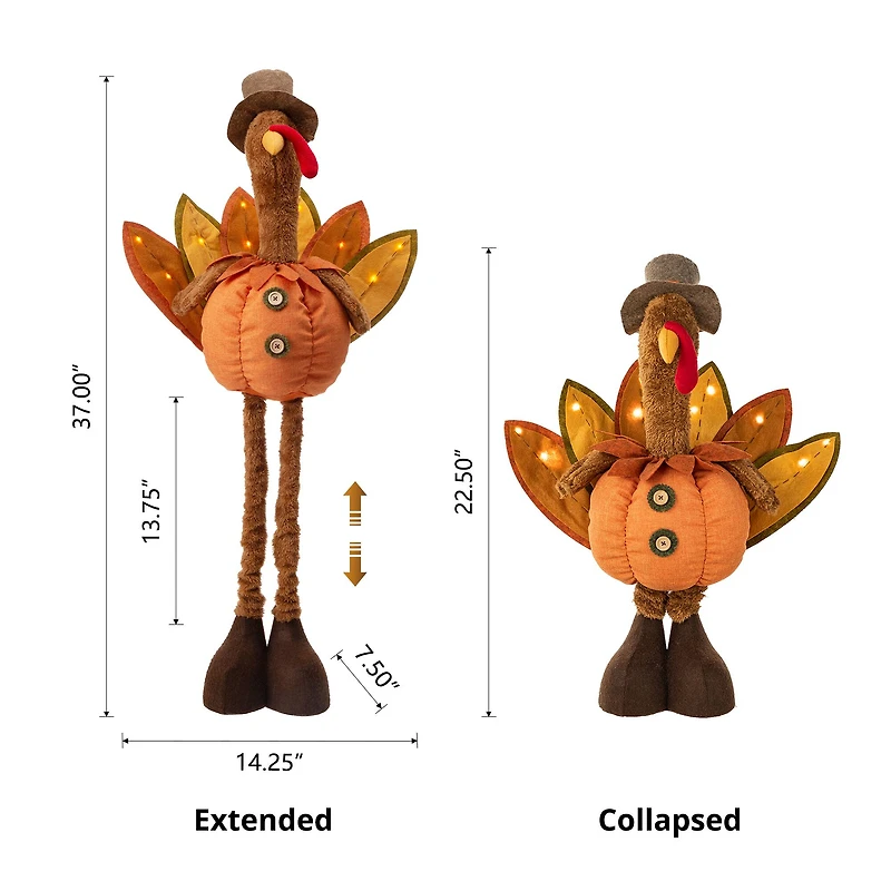 Glitzhome® Lighted Fabric Turkey Standing Décor with Telescoping Legs & Timer