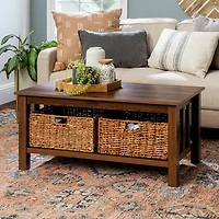 Walker Edison 40" Dark Walnut Mission Storage Coffee Table with Baskets
