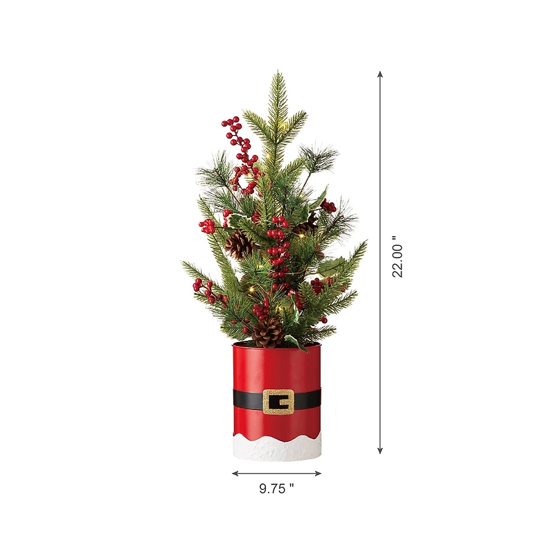 22" Pre-Lit Artificial Christmas Tree in Santa Belt Pot, Warm White LED Lights