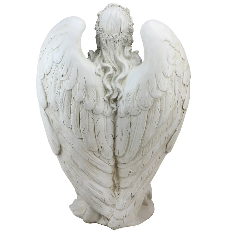 19.75" White Kneeling Angel Holding Shell Outdoor Garden Statue Bird Feeder