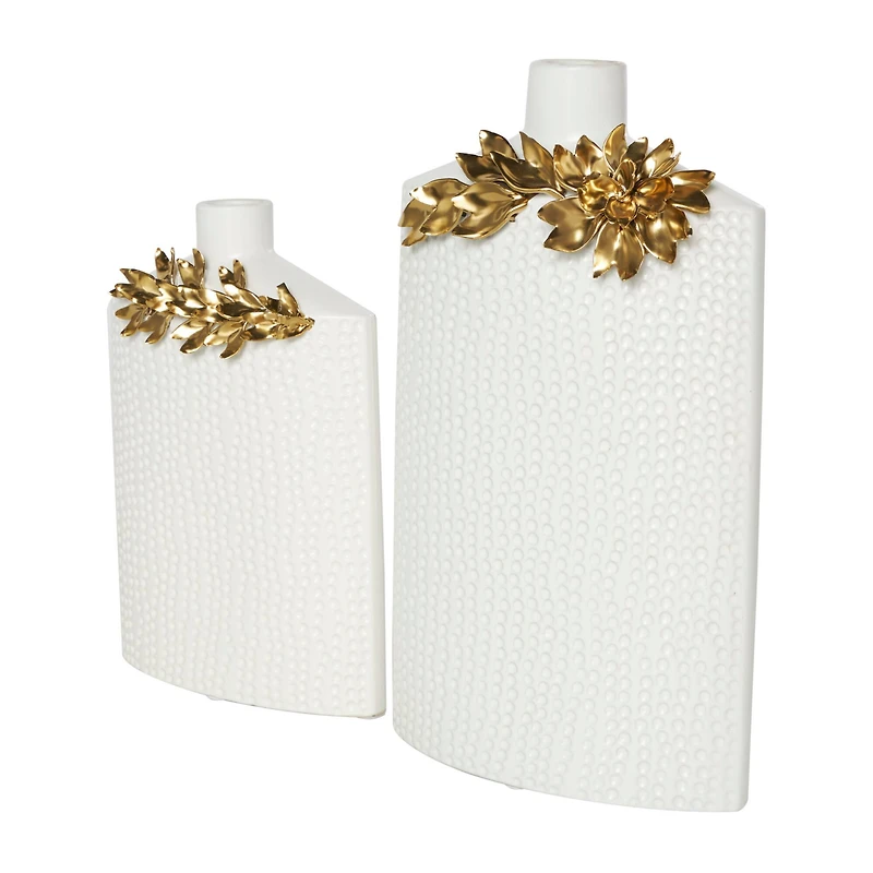 White & Gold Leaf Accent Ceramic Vase Set
