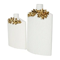 White & Gold Leaf Accent Ceramic Vase Set