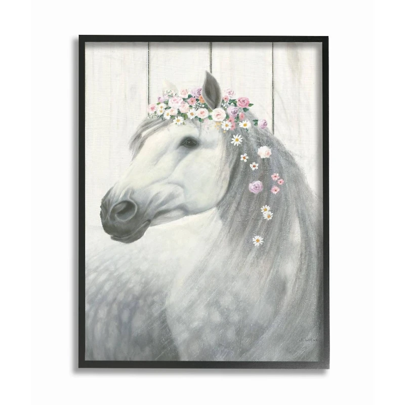 Stupell Industries Spirit Stallion Horse with Flower Crown Wall Art in Black Frame