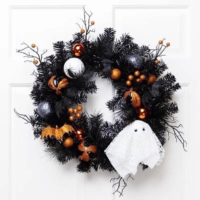 24'' Unlit Orange Ornaments and Ghost Halloween Pine Wreath