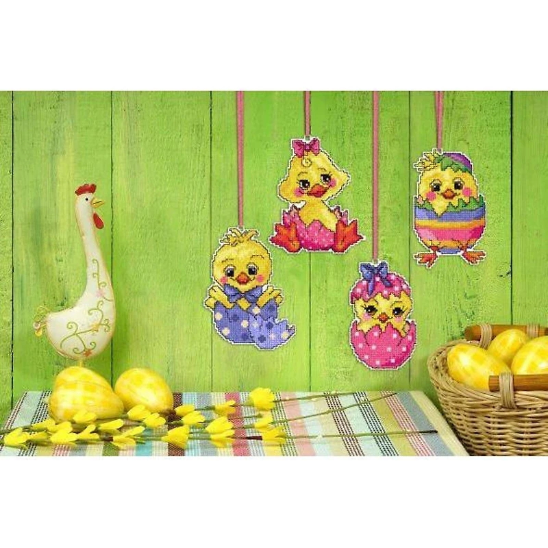 Orchidea Plastic Canvas Counted Cross Stitch Kit With Plastic Canvas Easter Chicken Set of 4 Designs