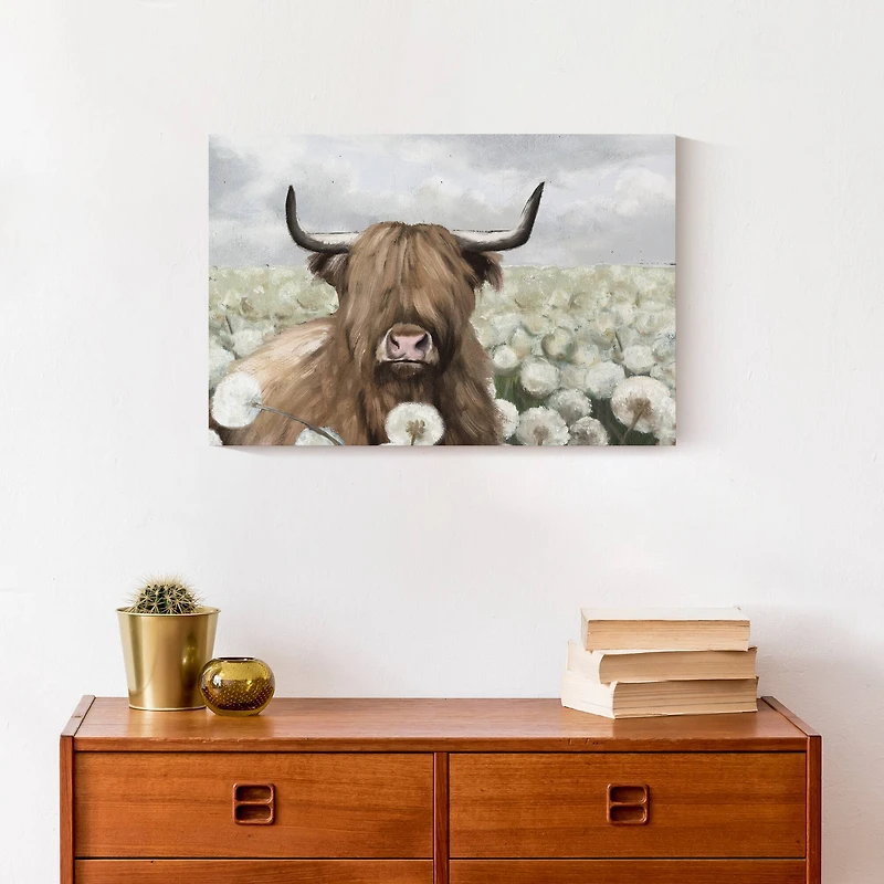 Highland Cow And Dandelions 18" x 12' Canvas Wall Art