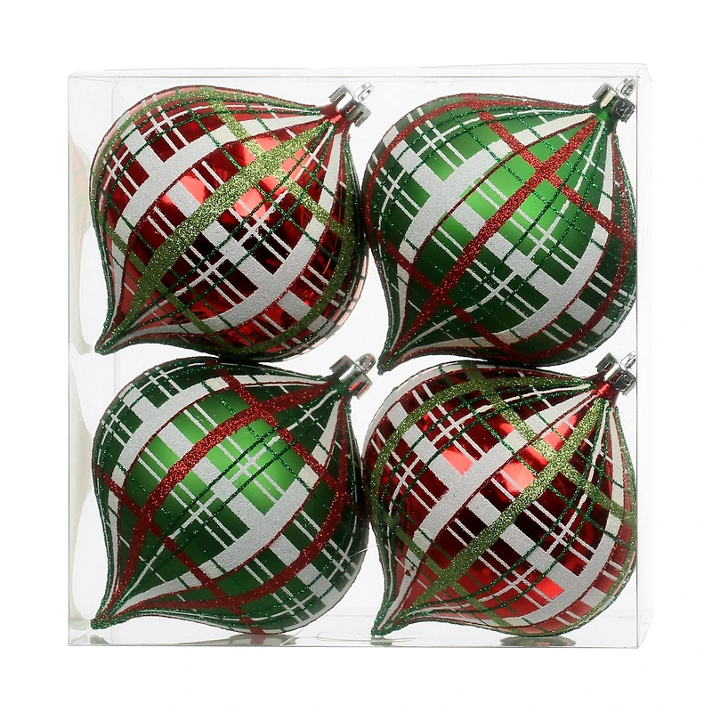 4 Pack 4.7" Red & Green Glitter Plaid Shatterproof Onion Ornaments by Ashland®