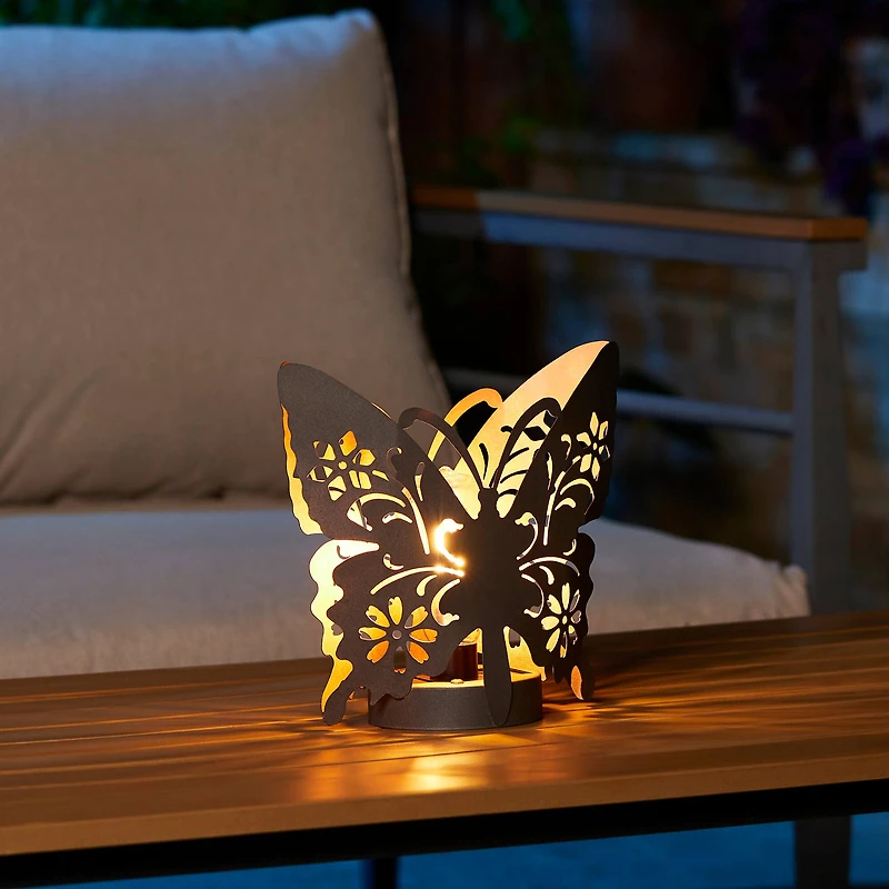 Glitzhome® 9" Metal Flying Butterfly Silhouette Solar Powdered Edison Bulb Outdoor Lanterns, 2ct.