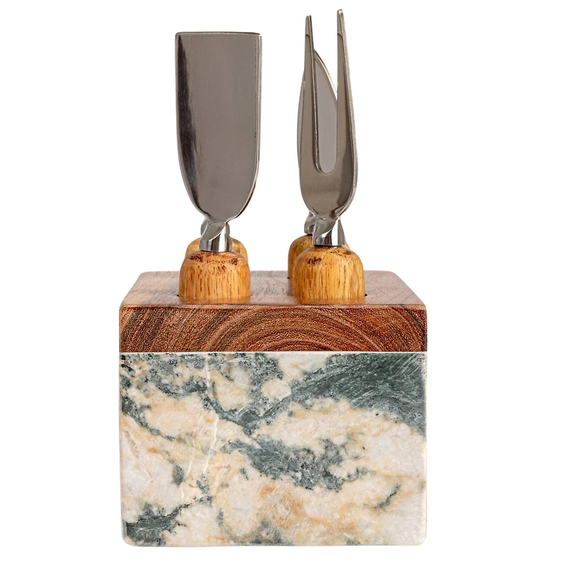 Hello Honey Black Marble Cheese Server Set with Mango Wood Stand